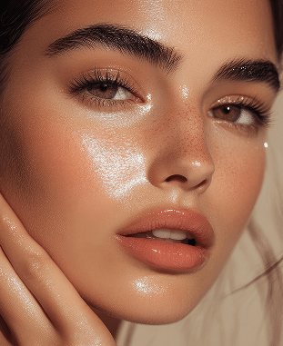 Maquillage Glowy Ultra Brillant : Teint Lumineux et Taches de Rousseur Gros plan glamour d'une femme au maquillage glowy et ultra-brillant, avec taches de rousseur et lèvres nude hydratées, regard intense.