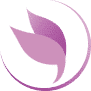 Logo stylisé abstrait d'une feuille ou pétale violet-rose sur fond noir, inscrit dans un cercle incomplet suggérant le mouvement ou la croissance.