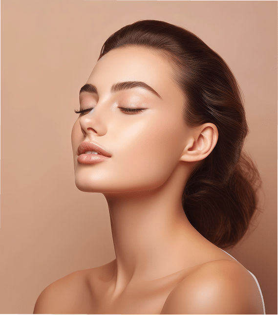 Soin Peau Parfaite : Beauté Naturelle et Sérénité Portrait rapproché d'une jeune femme au teint lisse, les yeux fermés, montrant une peau parfaite et un maquillage naturel, dans des tons beiges.